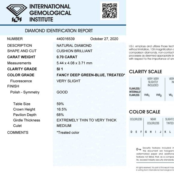 Radiant Shape Diamond Fancy Green Blue SI1 Loose 0.70 Carat IGI Certified - Picture 3 of 6
